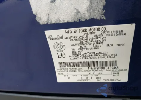 2015 Ford Taurus Sel из США, поврежденный, VIN 1FAHP2H88FG155468